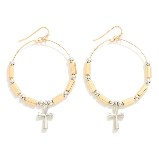 MULTI METAL CROSS CHARM EARRINGS - GOLD/SILVER