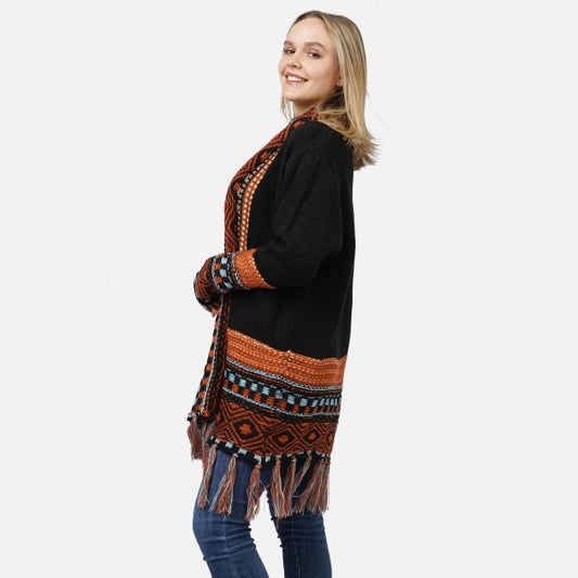 FRINGED COZINESS CARDIGAN - BLACK